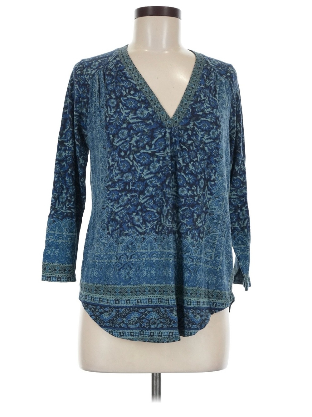 Lucky Brand Blue Paisley Floral Geo Long Sleeve V Neck Med Cotton Top